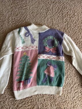 Women's Cream Christmas Patchwork Sweater with Green & Pink Accents